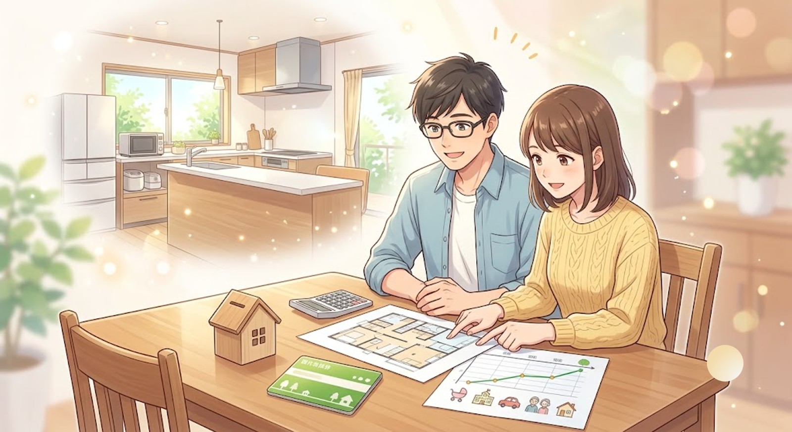 フォーム後の暮らしを想像し、電卓や資料を使って楽しくローンの組み方を話し合う夫婦